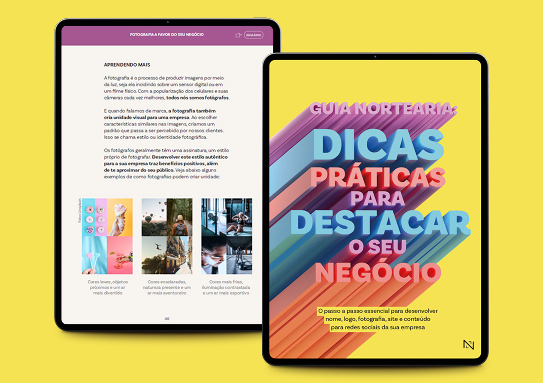 Duas telas de tablet com e-book sobre como destacar seu negócio