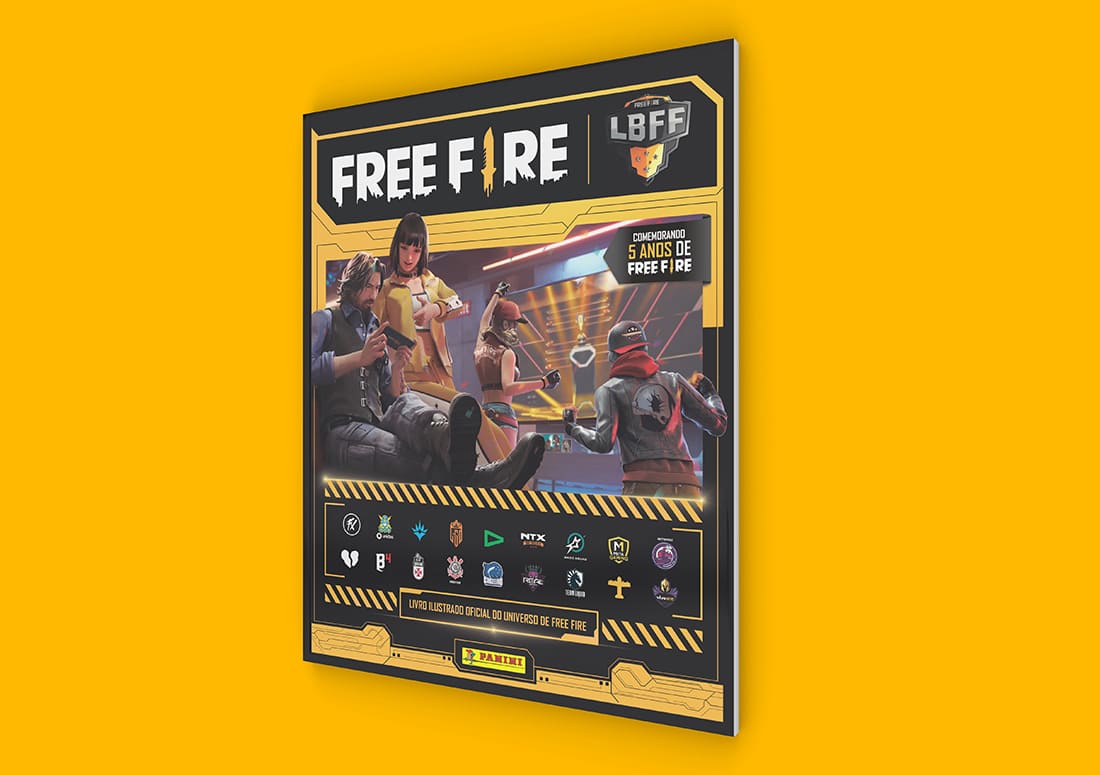 imagem aproximada de um álbum de figurinhas do jogo Free Fire, com foco em dois personagens.